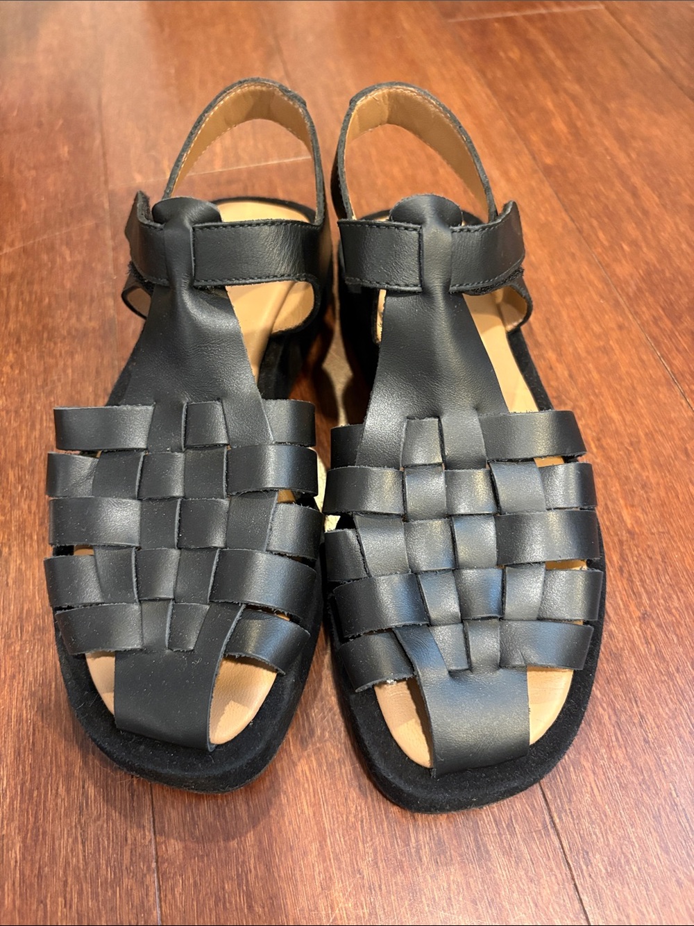 Flattered Black Woven Leather Sandals with Ankle Strap